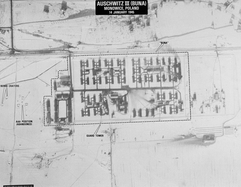 Aerial photograph of the Auschwitz III (Monowitz) camp, which was adjacent to the I. 