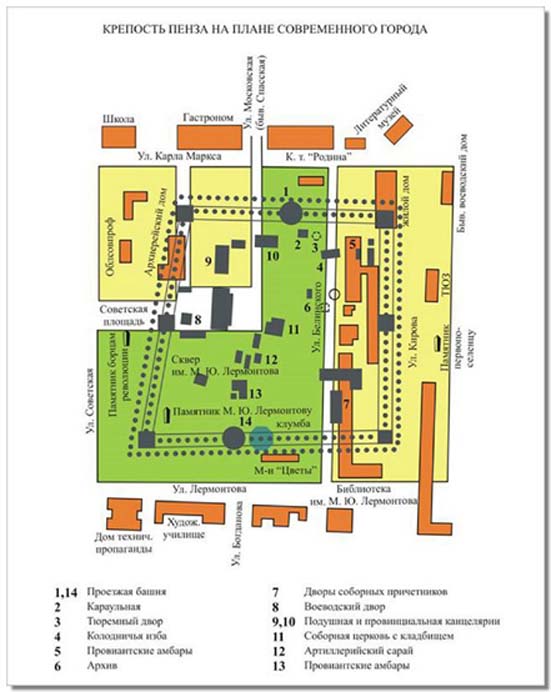 План пензенской крепости, наложенный на сетку улиц, 2000 г.